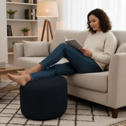 Repose-pieds déhoussable en velours côtelé BANANAIR 55x30 cm bleu foncé