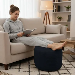 Repose-pieds déhoussable en velours côtelé BANANAIR 55x30 cm bleu foncé