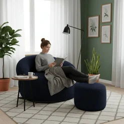 Repose-pieds déhoussable en velours côtelé BANANAIR 55x30 cm bleu foncé