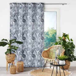 Rideau à œillets 140 x 260 cm Jacquard FAGGY Bleu Motif feuillage élégant