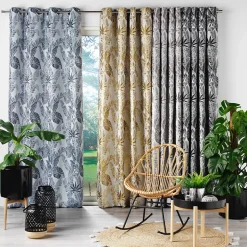 Rideau à œillets 140 x 260 cm Jacquard FAGGY Bleu Motif feuillage élégant