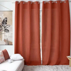 Rideau à oeillets feuillage aspect gaufré (135x240 cm - Terracotta)
