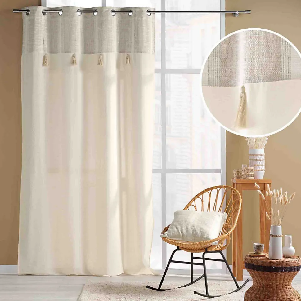 Rideau a oeillets 140 x 240 cm poly-coton + haut tissé + pompon Island