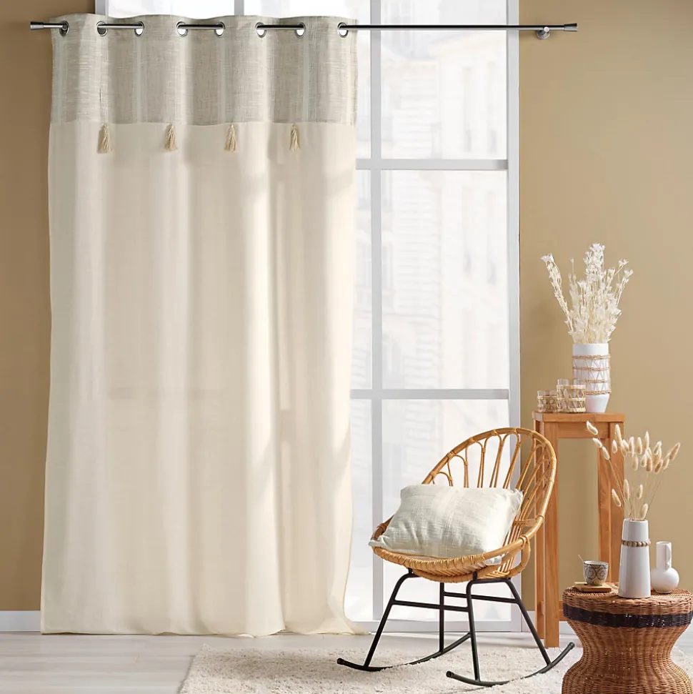 Rideau a oeillets 140 x 240 cm poly-coton + haut tissé + pompon Island