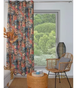 Rideau Imprimé Fleurs Graphiques - 140x240 cm - 100% Polyester - 140x240cm - Bleu canard