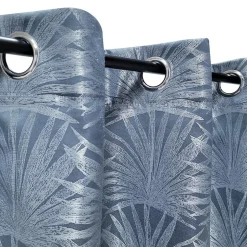 Rideau Jacquard à Œillets Palme 140x240cm - Bleu Nuit - Décoration Tropicale Prête à Poser