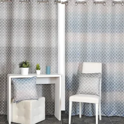 Rideau Jacquard Géométrique Bleu Canard 140x240cm avec Œillets Prêt à Poser