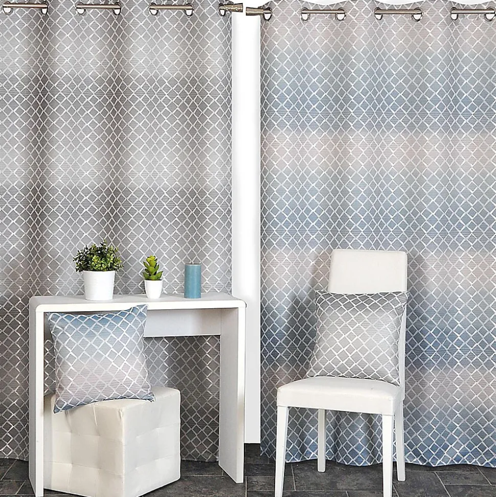 Rideau Jacquard Géométrique Bleu Canard 140x240cm avec Œillets Prêt à Poser