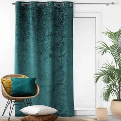 Rideau occultant en velours feuilles de monstera (140x240 cm - Bleu)