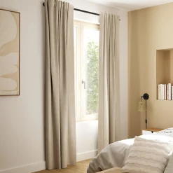 Rideau occultant galon fronceur, tissu effet tissé beige lin H.300 x l.140cm, GoodHome Novan