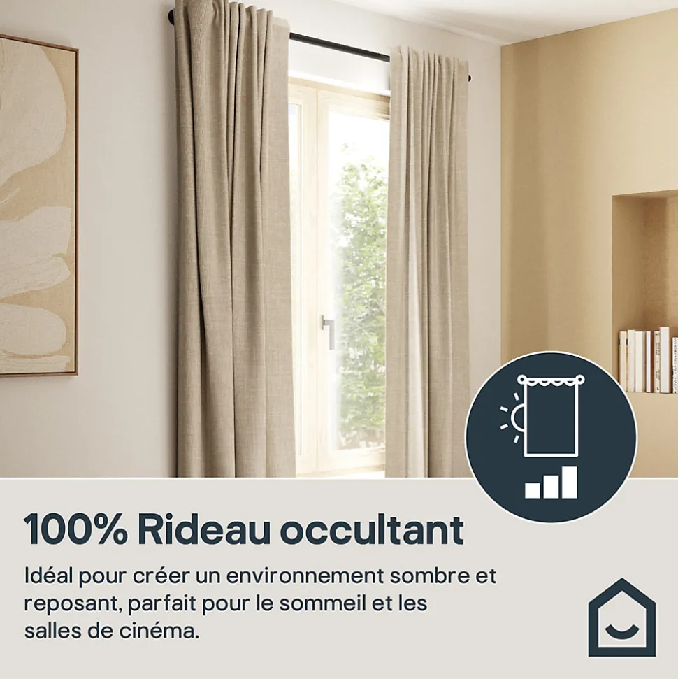 Rideau occultant galon fronceur, tissu effet tissé beige lin H.300 x l.140cm, GoodHome Novan
