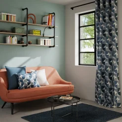 Rideau tamisant à œillets effet flammé Peca imprimé géométrique bleu marine H.260 x l.140cm GoodHome