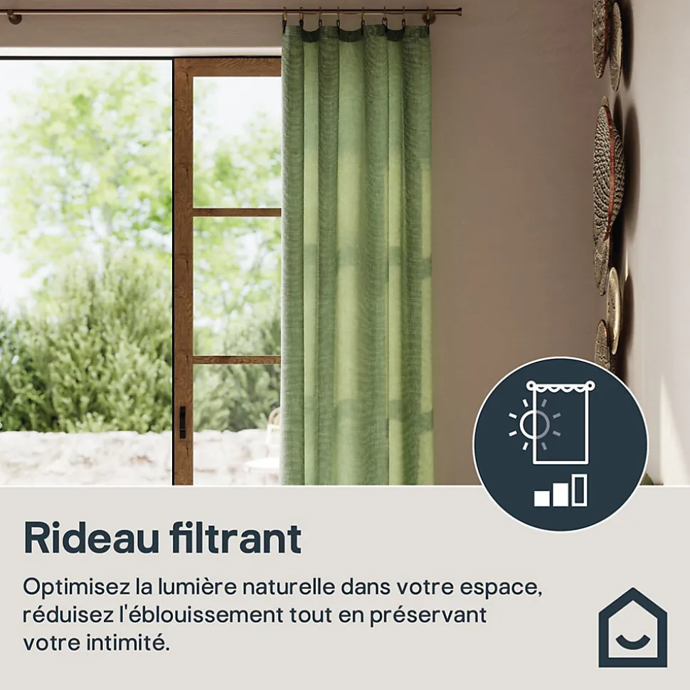 Rideau tamisant à œillets en lin Ambala vert kaki clair H.260 x l.140cm GoodHome