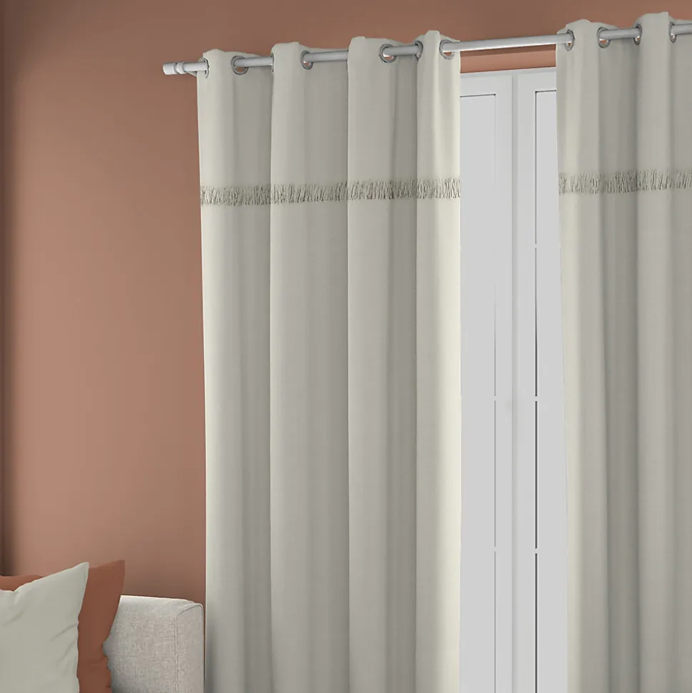 Rideau tamisant à œillets Marley coton uni avec franges beige H.260 x l.140cm Ornami