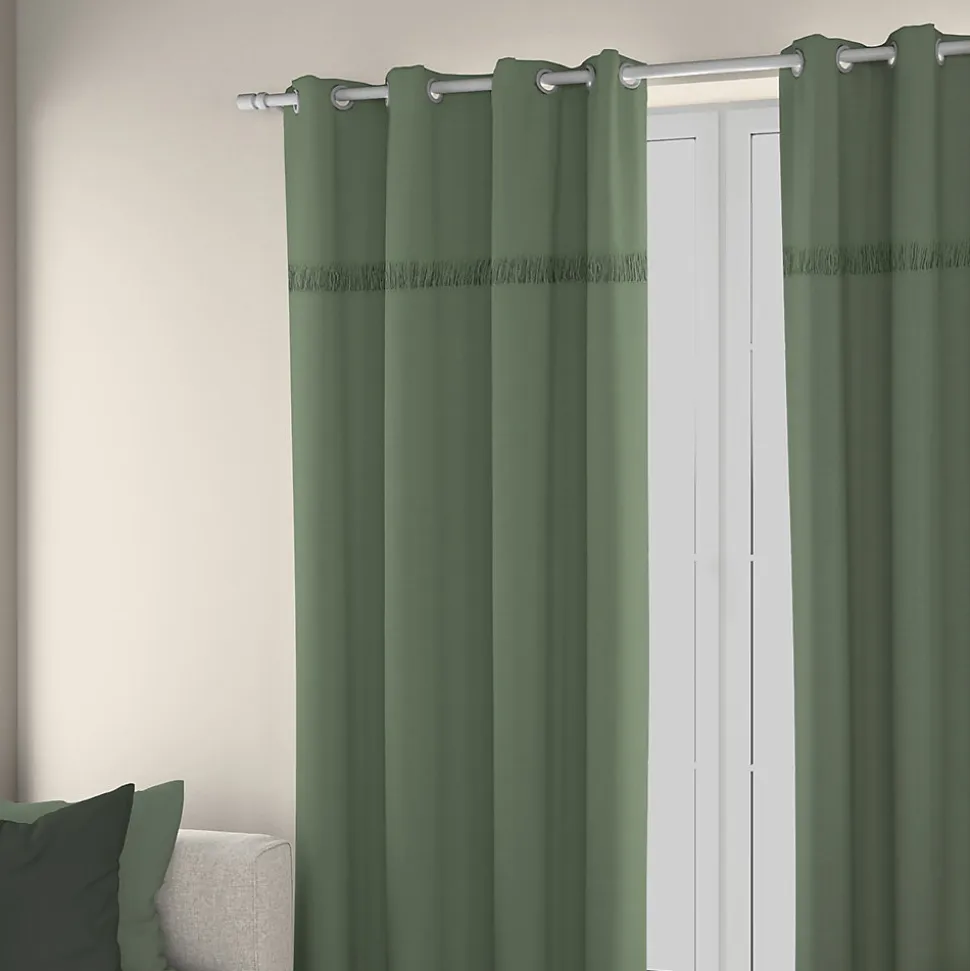 Rideau tamisant à œillets Marley coton uni avec franges vert H.260 x l.140cm Ornami