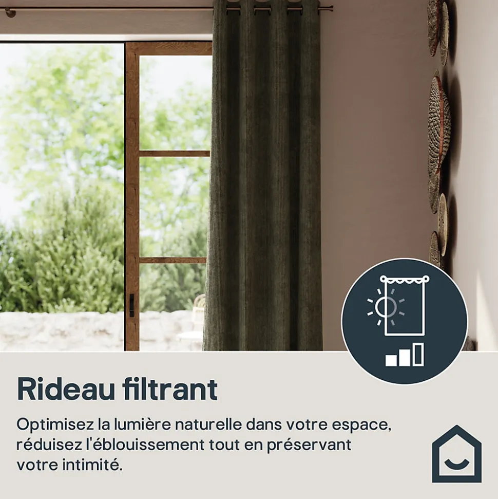 Rideau tamisant à œillets velours côtelé Akola vert kaki foncé H.260 x l.140cm GoodHome