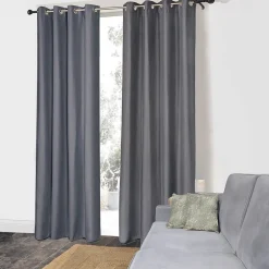 Rideau Thermique effet brossé avec doublure polaire 140x240cm, prêt a poser à œillets, Anthracite.