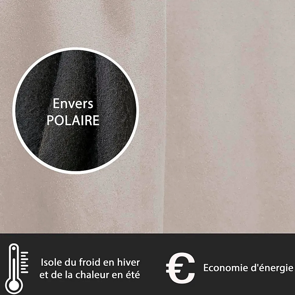 Rideau Thermique suédine doublé Polaire 140x180cm, Prêt à Poser Spécial petite hauteur, Beige