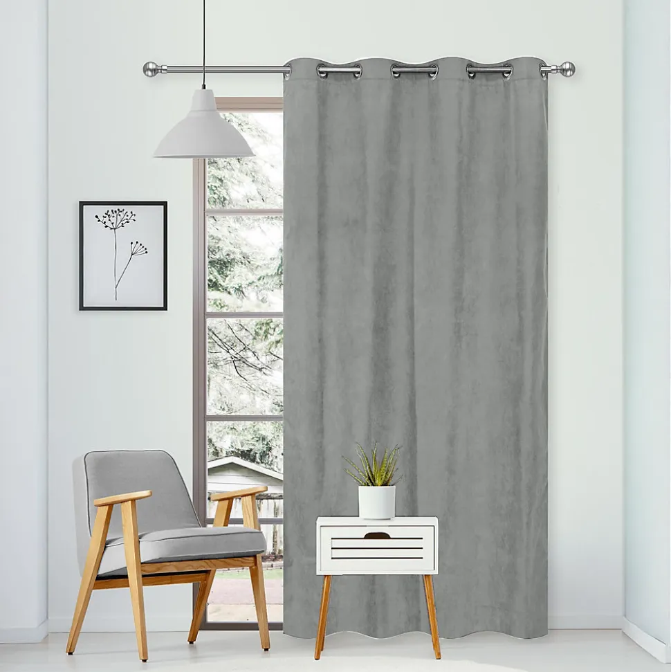 Rideau Thermique suédine doublé Polaire 140x280cm, Prêt à Poser Spécial grande hauteur, Gris