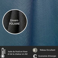 Rideau Thermique Velours frappé doublé polaire à œillets 140x240cm prêt a poser, Bleu Indigo