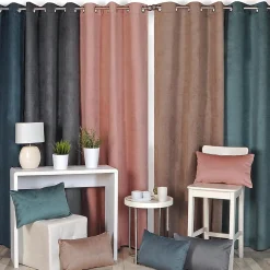 Rideau Thermique Velours frappé doublé polaire à œillets 140x240cm prêt a poser, Taupe
