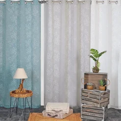 Rideau Voilage Effet Lin Imprimé Feuille Gomme, à œillets 140x240cm, bleu.