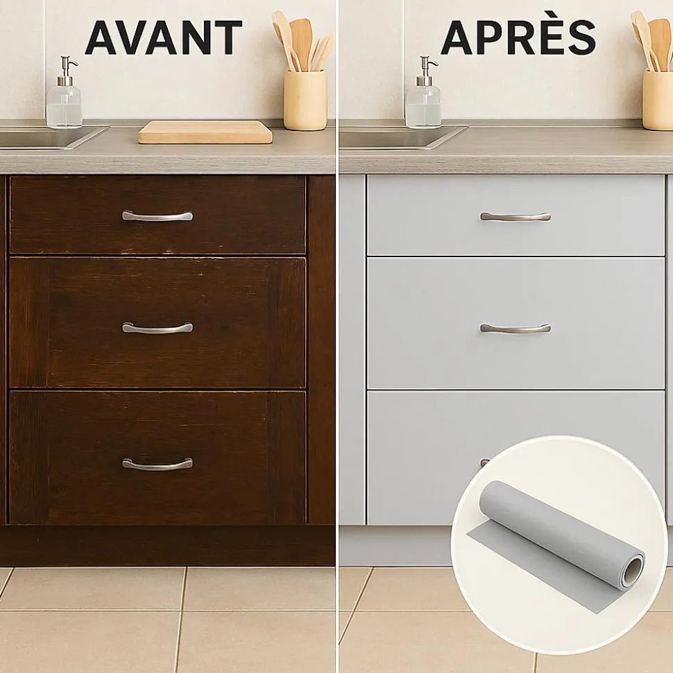 Rouleau adhésif Imperméable Vinyle au Mètre - Sticker Lavable Cuisine Meuble Armoire Porte - 60cmx3m - Gris clair