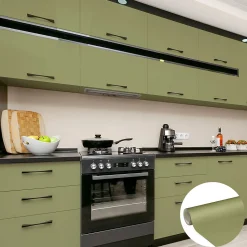 Rouleau adhésif Imperméable Vinyle au Mètre - Sticker Lavable Cuisine Meuble Armoire Porte - 60cmx1m - Vert olive