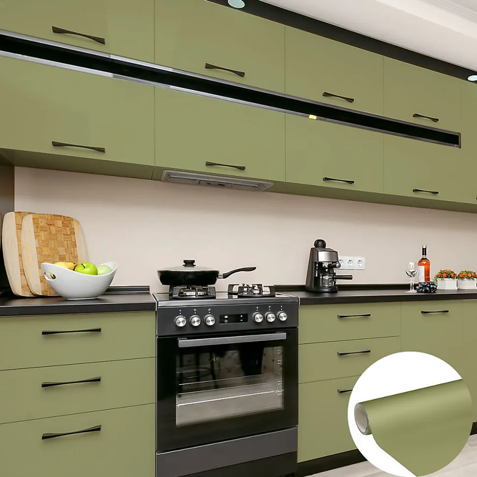 Rouleau adhésif Imperméable Vinyle au Mètre - Sticker Lavable Cuisine Meuble Armoire Porte - 60cmx1m - Vert olive