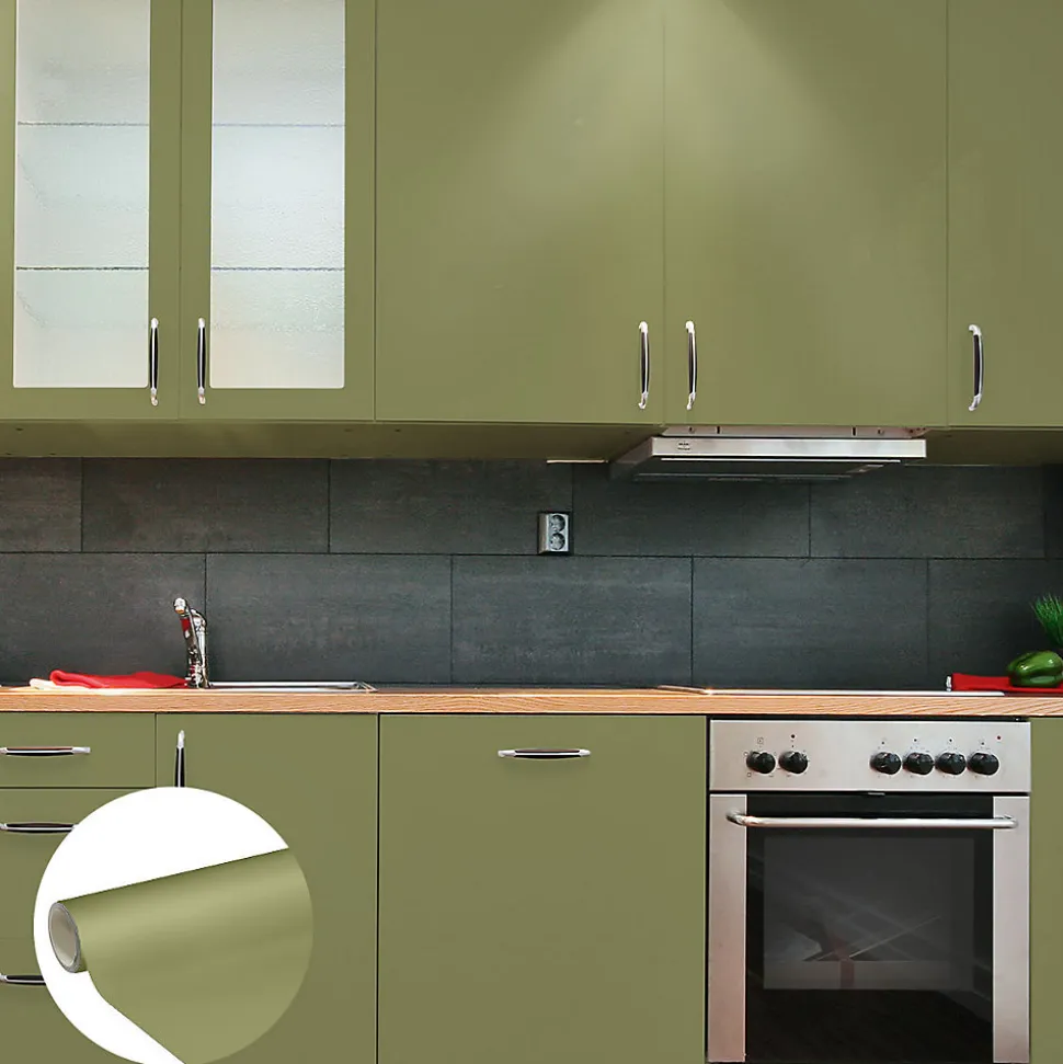 Rouleau adhésif Imperméable Vinyle au Mètre - Sticker Lavable Cuisine Meuble Armoire Porte - 60cmx1m - Vert olive