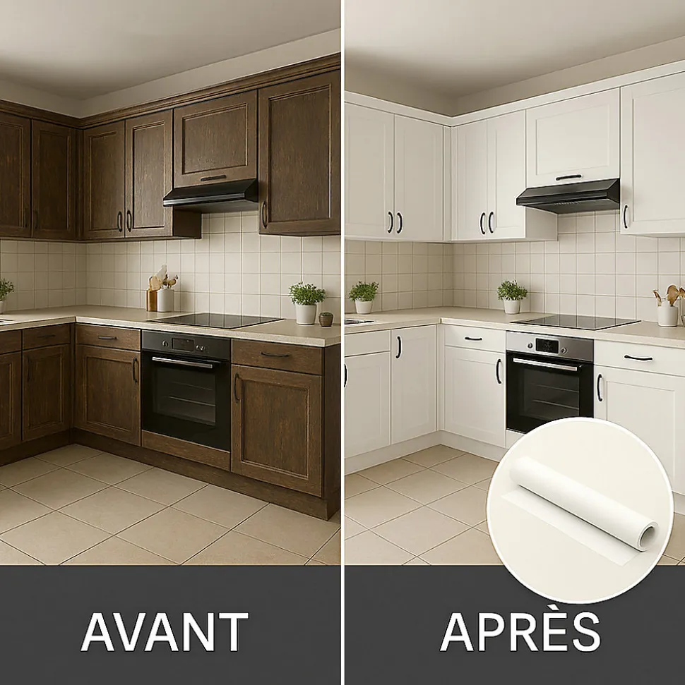 Rouleau adhésif Imperméable Vinyle au Mètre - Sticker Lavable Cuisine Meuble Armoire Porte - 60cmx1m - Blanc