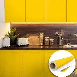 Rouleau adhésif Imperméable Vinyle au Mètre - Sticker Lavable Cuisine Meuble Armoire Porte - 60cmx1m - Jaune moutarde