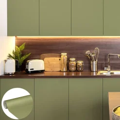 Rouleau adhésif Imperméable Vinyle au Mètre - Sticker Lavable Cuisine Meuble Armoire Porte - 60cmx4m - Vert olive