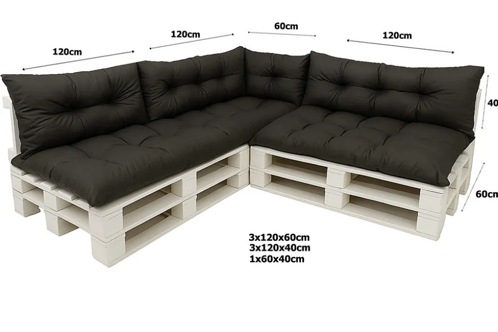 Set 7 coussins palette assises 120x60 dossiers + 120x40 kit coussins canapé de jardin Noir coussins pour mobilier de jardin