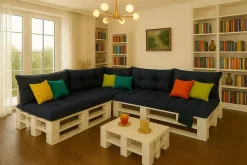 Set 7 coussins palette assises 120x60 dossiers + 120x40 kit coussins canapé de jardin Bleu coussins pour mobilier de jardin