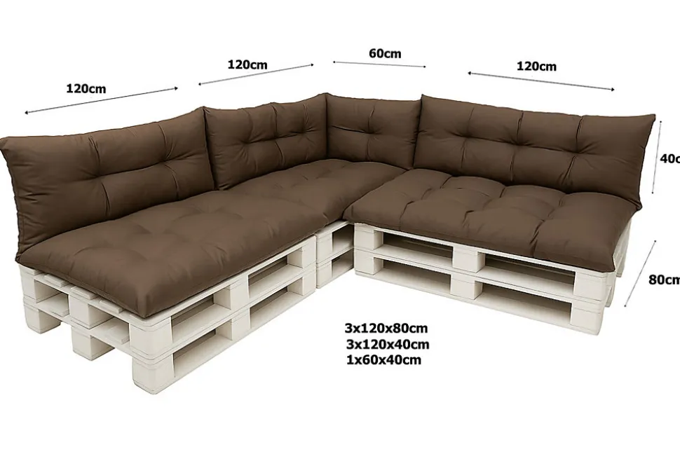 Set 7 coussins palette assises 120x80 dossiers 120x40 kit coussins canapé de jardin Marron coussins pour mobilier de jardin