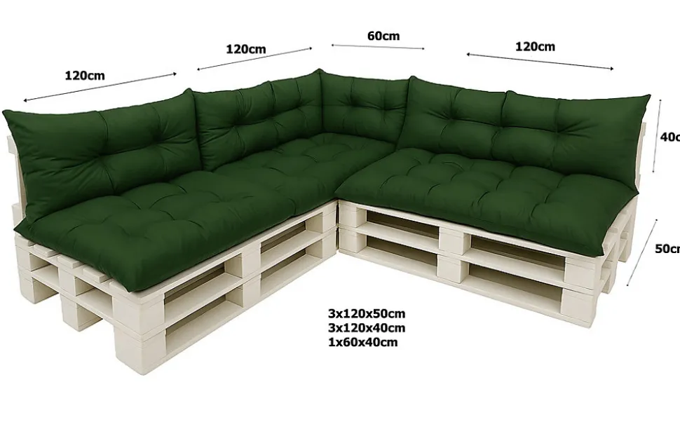 Set 7 coussins palette assises 120x50 dossiers + 120x40 kit coussins canapé de jardin Vert coussins pour mobilier de jardin