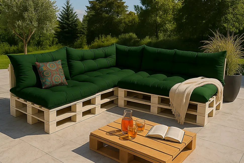 Set 7 coussins palette assises 120x50 dossiers + 120x40 kit coussins canapé de jardin Vert coussins pour mobilier de jardin