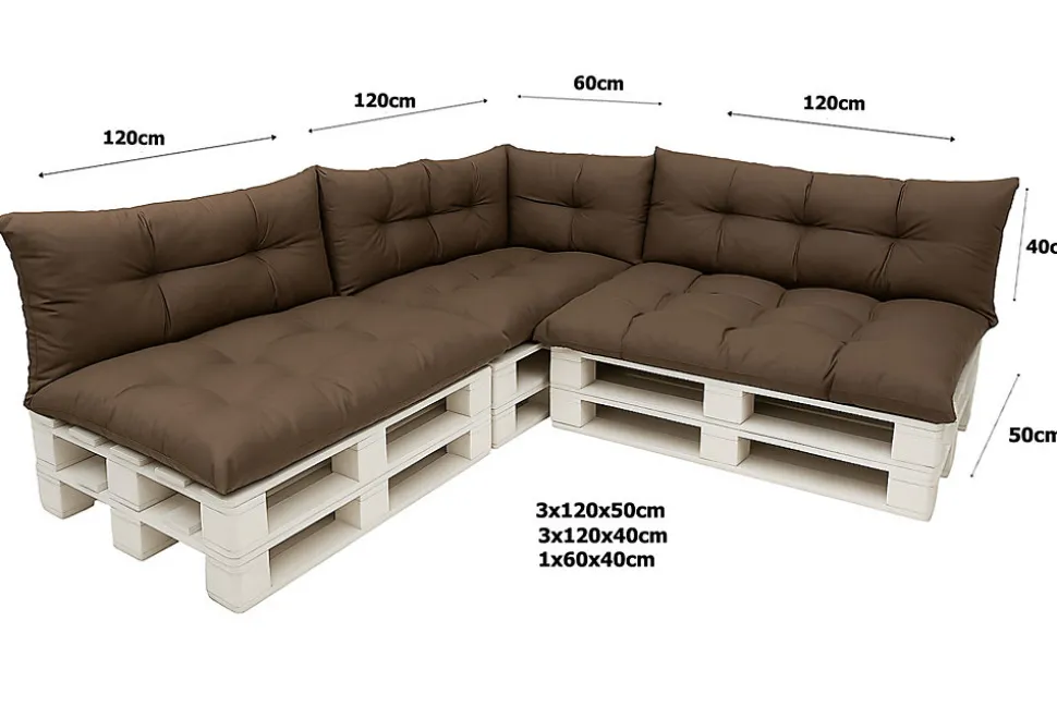 Set 7 coussins palette assises 120x50 dossiers + 120x40 kit coussins canapé de jardin Marron coussins pour mobilier de jardin