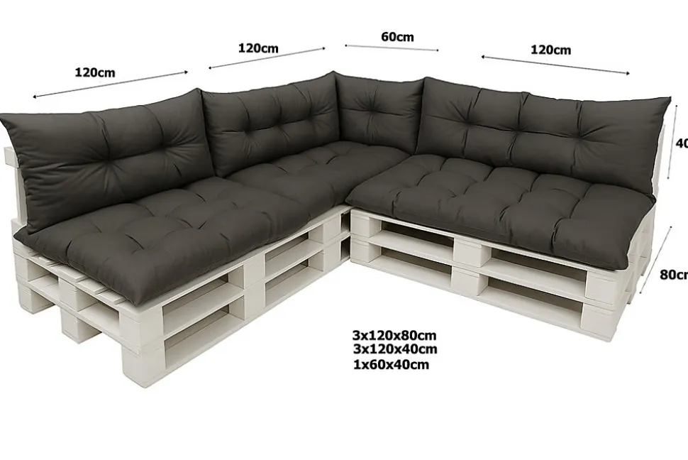 Set 7 coussins palette, assises 120x80 dossiers + 120x40 kit coussins canapé de jardin Anthracite coussins pour mobilier de jardin