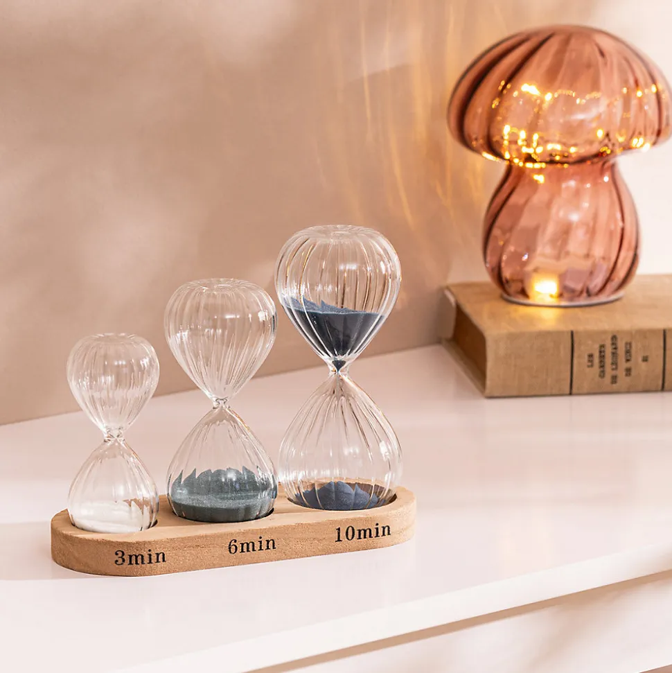 Set 3 sabliers H.15cm verre avec plateau bois - Atmosphera