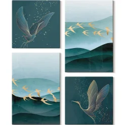 Set 4 Tableaux Toile Tendue Wallfluent 2x(40x40)+2x(40x60) Paysages Abstraits De Vagues D'oiseaux Finition Galerie