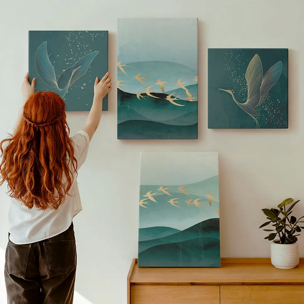 Set 4 Tableaux Toile Tendue Wallfluent 2x(40x40)+2x(40x60) Paysages Abstraits De Vagues D'oiseaux Finition Galerie