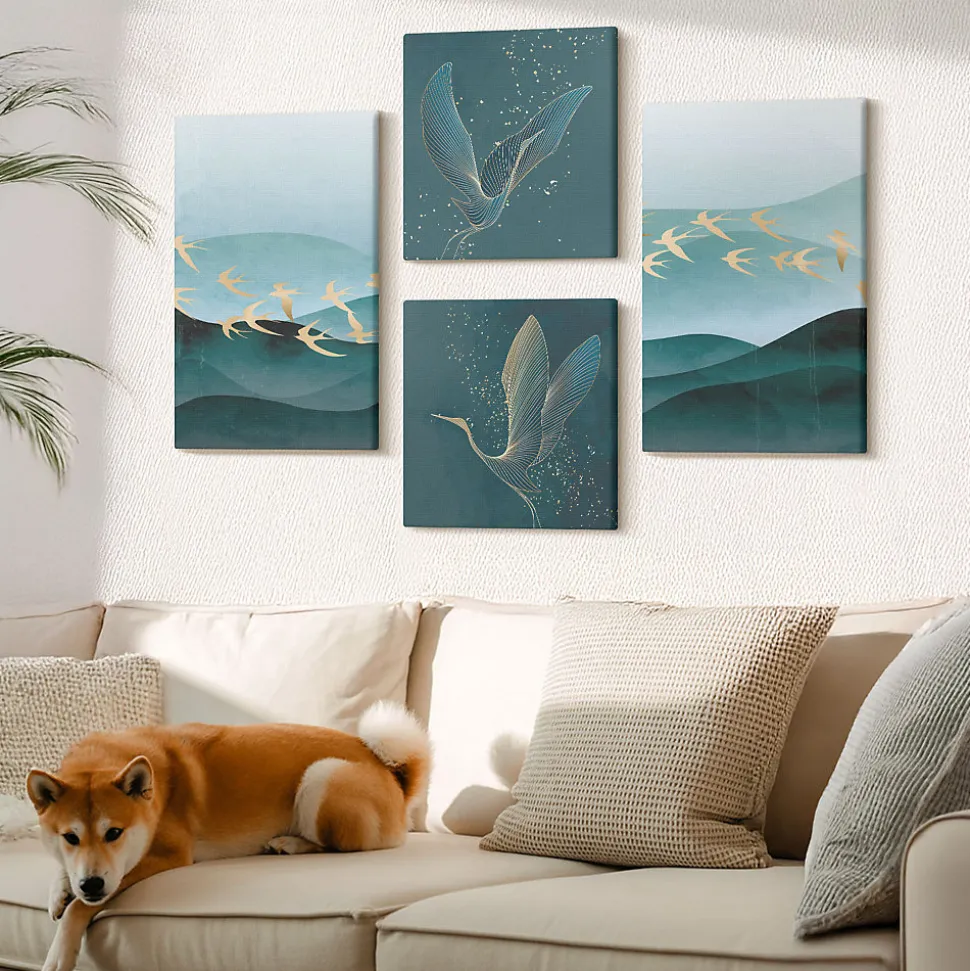 Set 4 Tableaux Toile Tendue Wallfluent 2x(40x40)+2x(40x60) Paysages Abstraits De Vagues D'oiseaux Finition Galerie