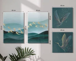 Set 4 Tableaux Toile Tendue Wallfluent 2x(40x40)+2x(40x60) Paysages Abstraits De Vagues D'oiseaux Finition Galerie