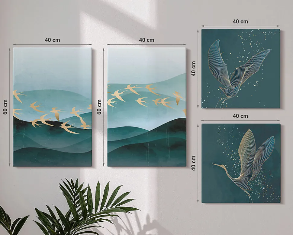 Set 4 Tableaux Toile Tendue Wallfluent 2x(40x40)+2x(40x60) Paysages Abstraits De Vagues D'oiseaux Finition Galerie