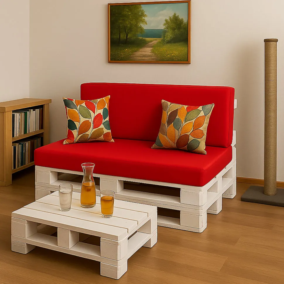 Set coussins palette 120x50 / 120x50cm Rouge Coussins de jardin avec housses amovibles pour une utilisation int/ext.