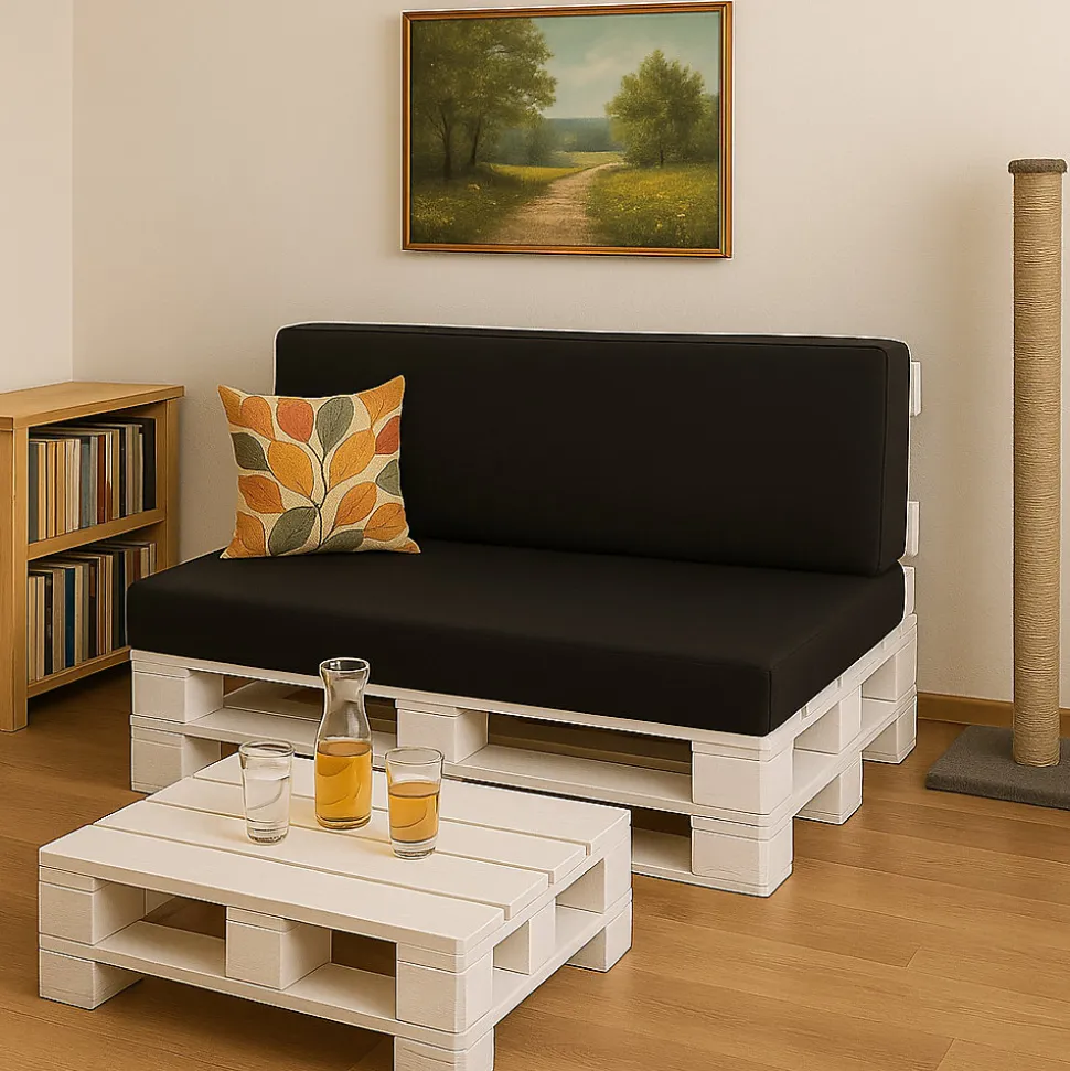 Set coussins palette 120x50 / 120x40cm Noir Coussins de jardin avec housses amovibles pour une utilisation int/ext.