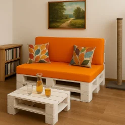 Set coussins palette 120x80 / 120x40cm Orange Coussins de jardin avec housses amovibles pour une utilisation int/ext.