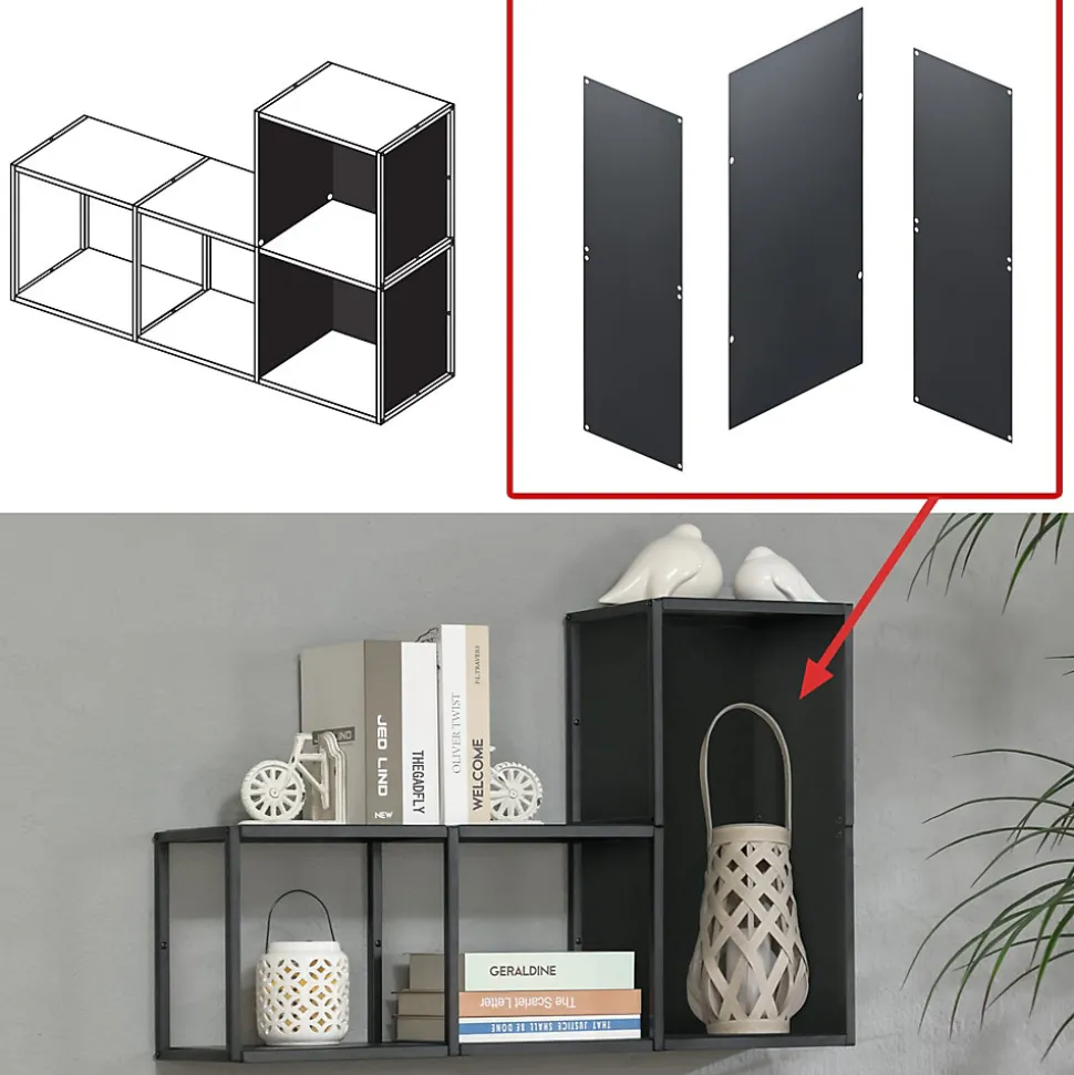 Set de 4 étagères murales Nostened avec fond et panneaux latéraux acier 28 x 28 x 20 cm noir en.casa
